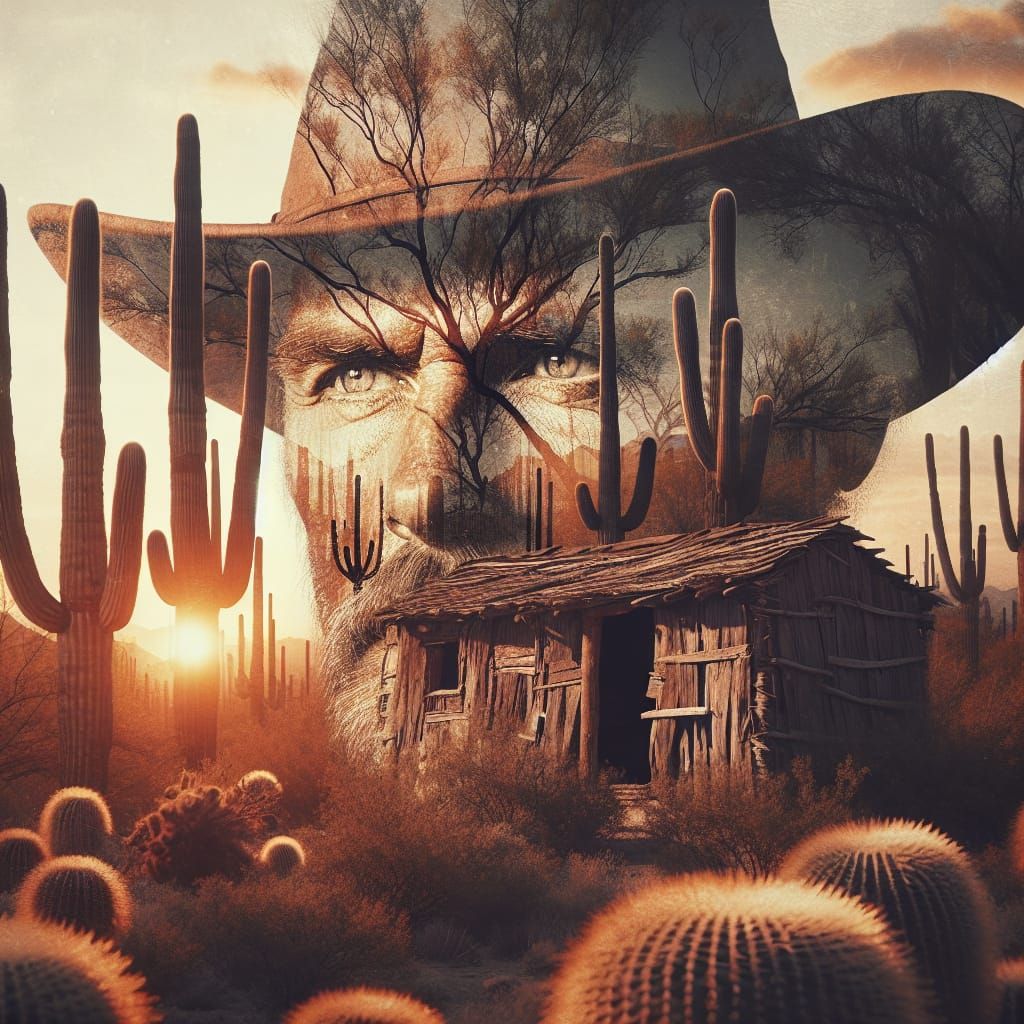 Cowboy Double Exposure: Desert Hut Portrait