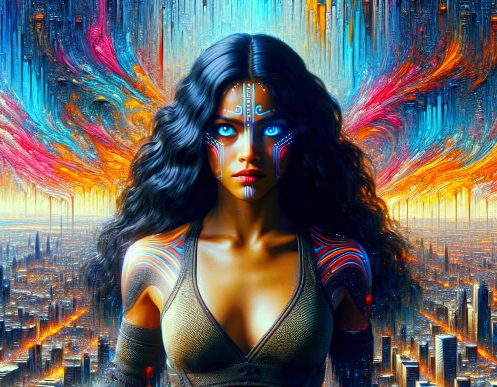 Cyberpunk Warrior in Graffiti Cityscape