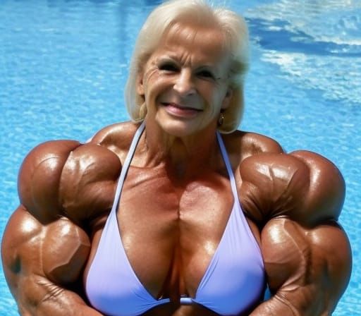 Muscular Bodybuilder Grandma in Swimming Pool