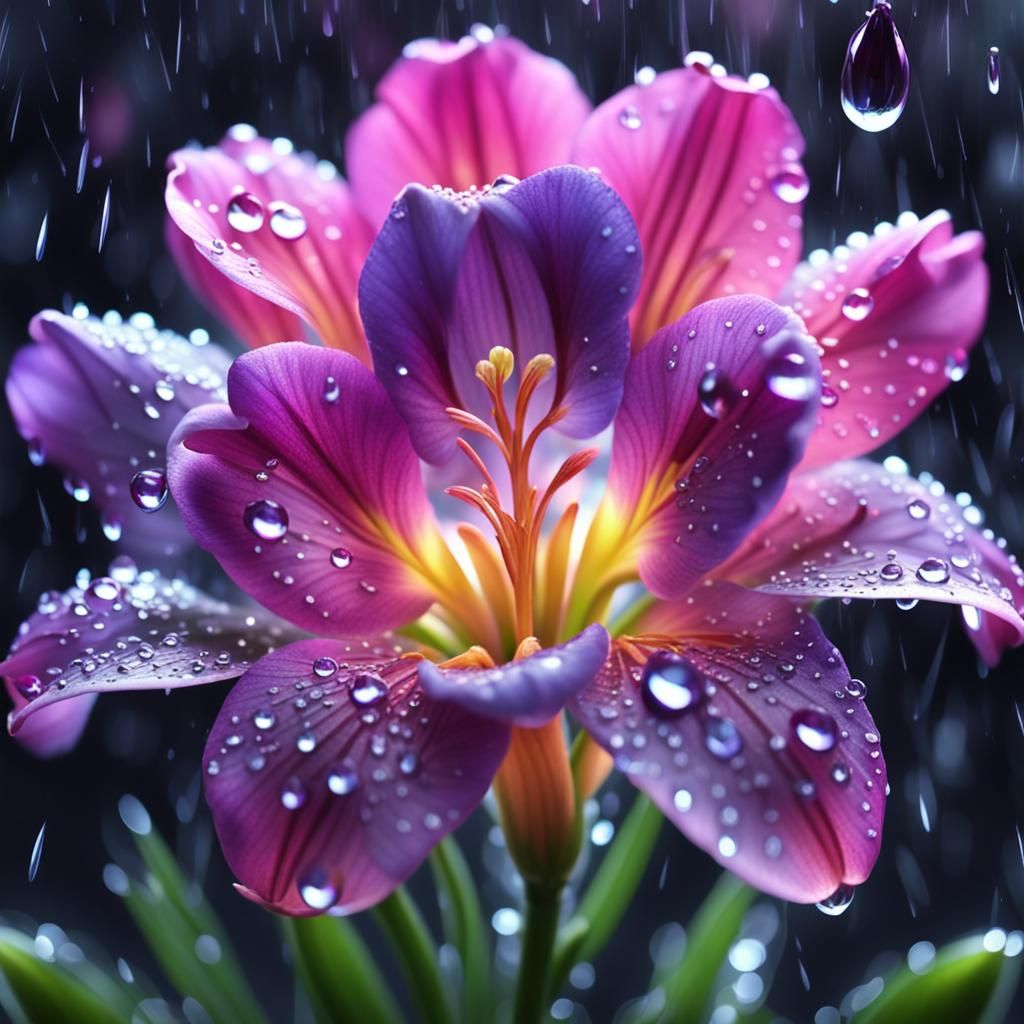 Hyperdetailed Glowing Freesia Flower with Waterdrops