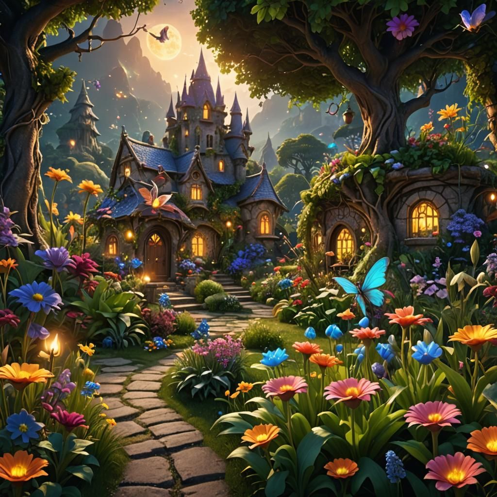 Magical Garden with Fairies and Dragons