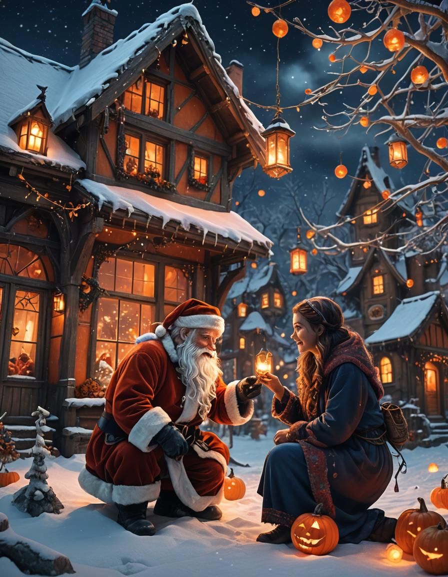 Santa and Woman Decorating Halloween in Snowy Village