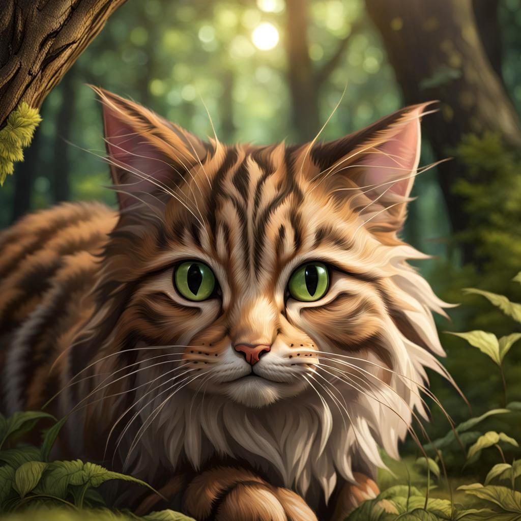 Surprised Forest Cat in Whimsical Surrealist Style
