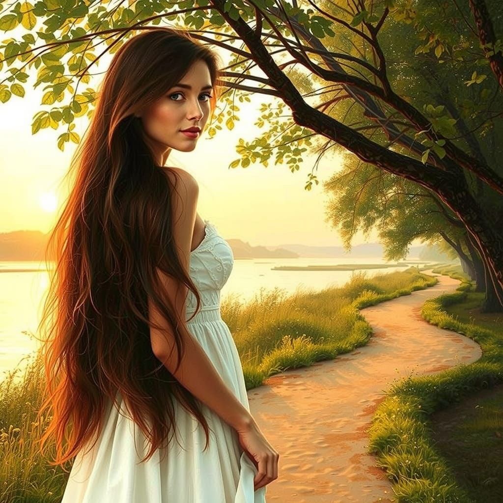 Serene Impressionist Landscape with Elegant Woman