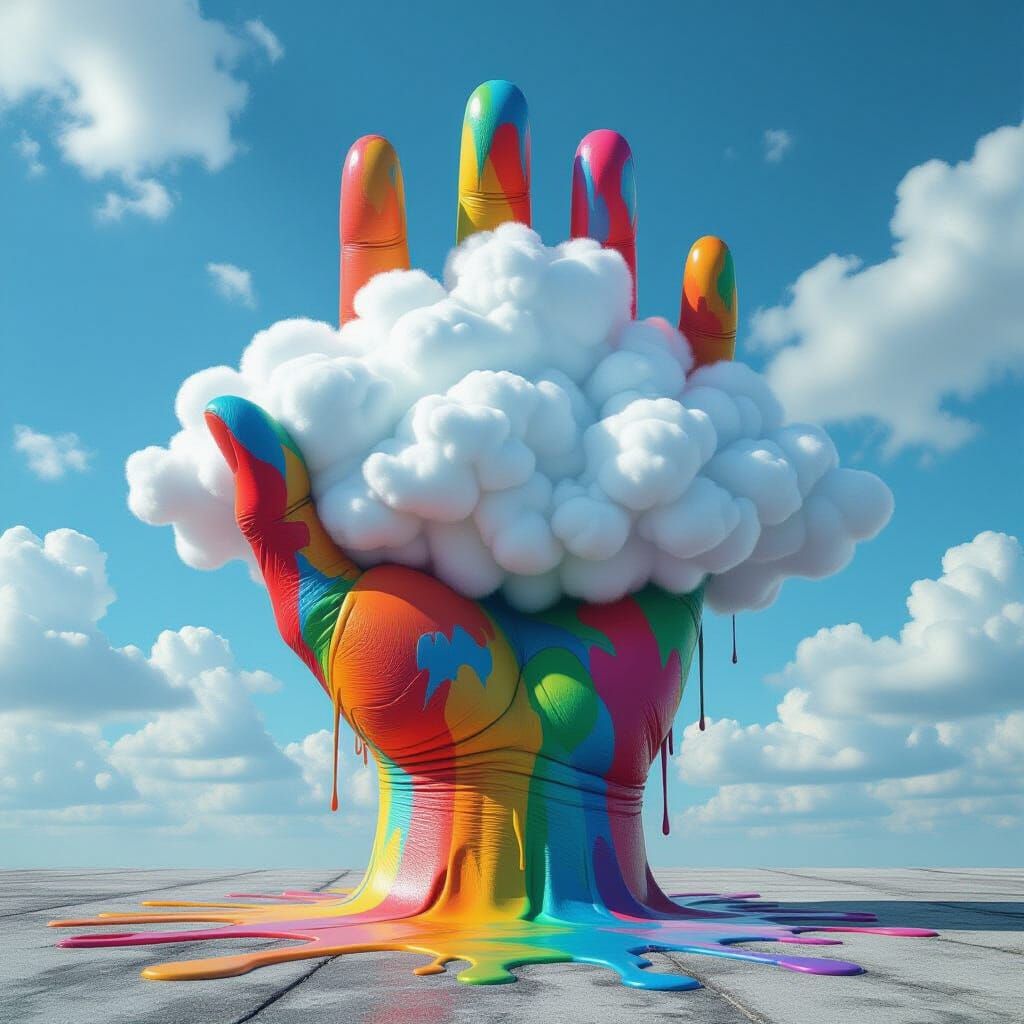 Giant Hand Holding Cloud in Vibrant Street Art Style