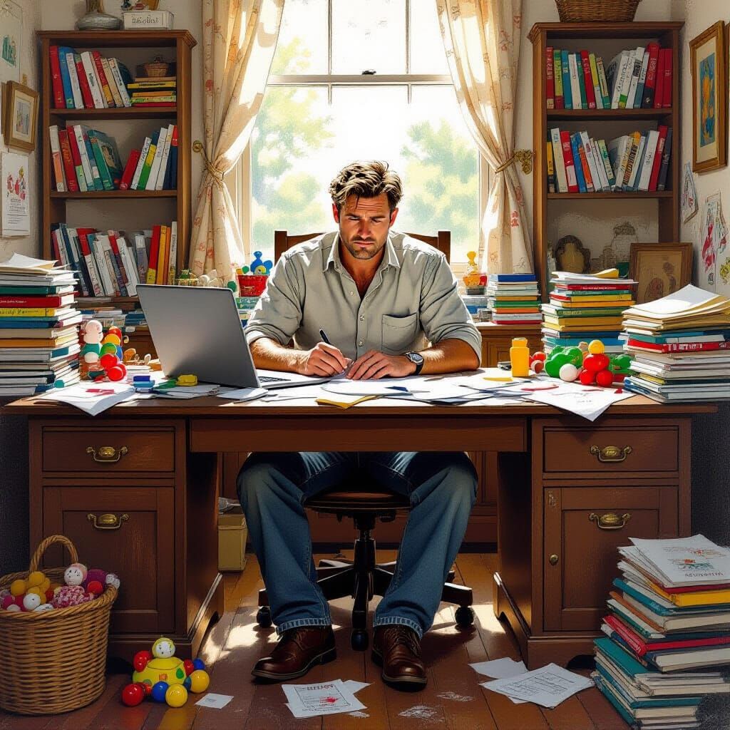 Stressed Dad Working From Home, Digital Art