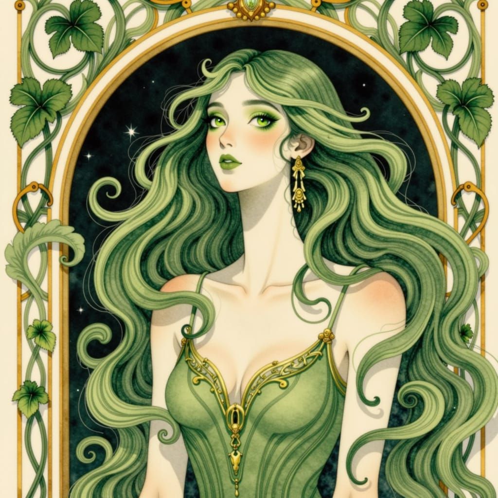 Art Nouveau Portrait of Woman with Green Hair