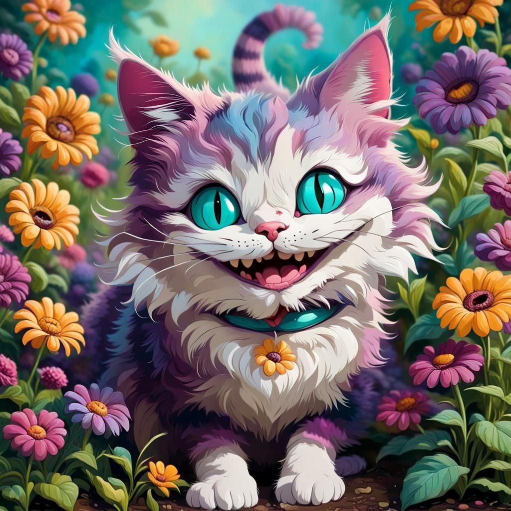 Very cute Chesire Cat in a flower garden