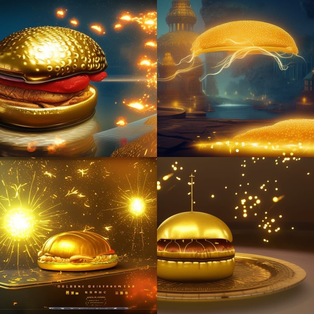Golden Hamburger with Flying Sparks in Matte Painting
