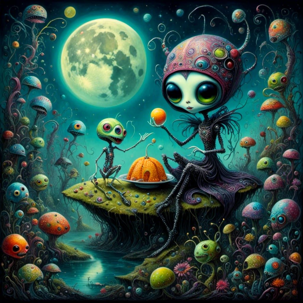Goth Girl's Quirky Lunar Picnic with Aliens