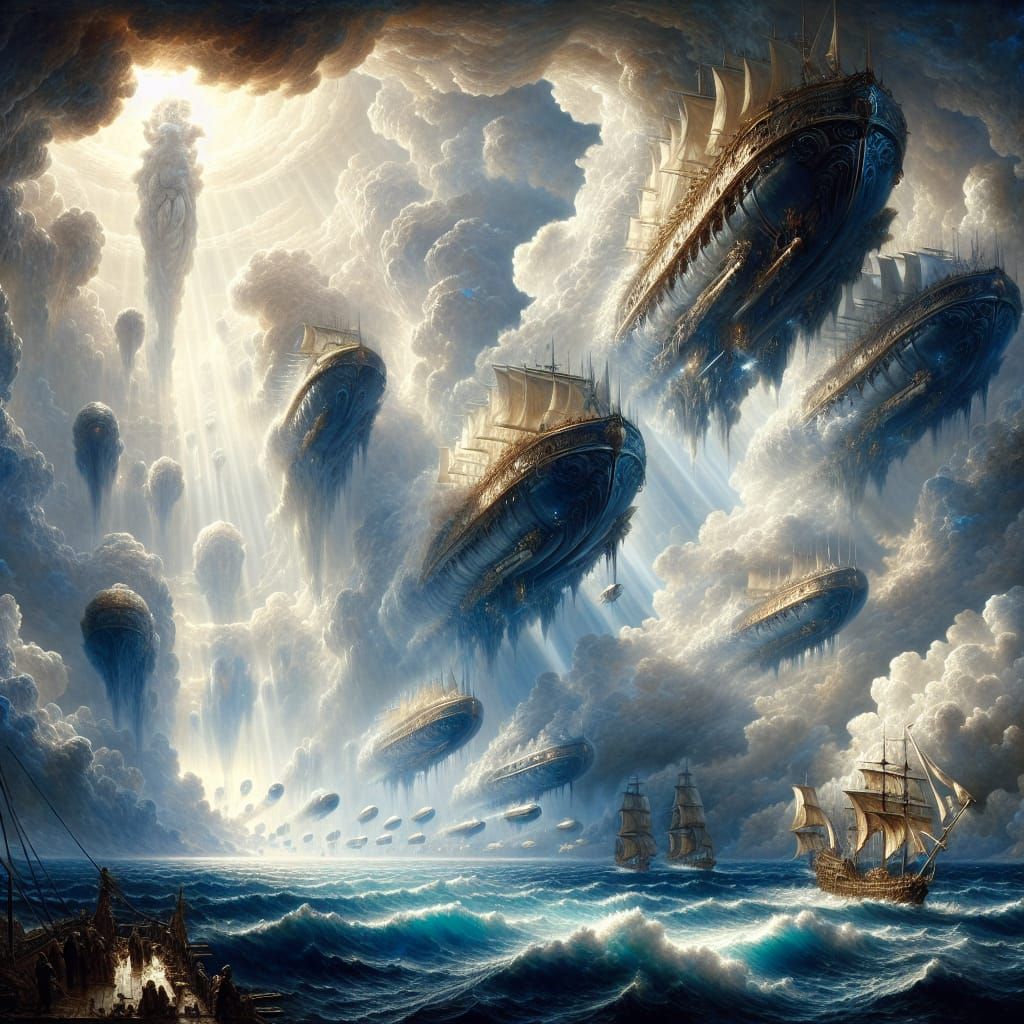 Mystical Airship Fleet Navigates Stormy Skies