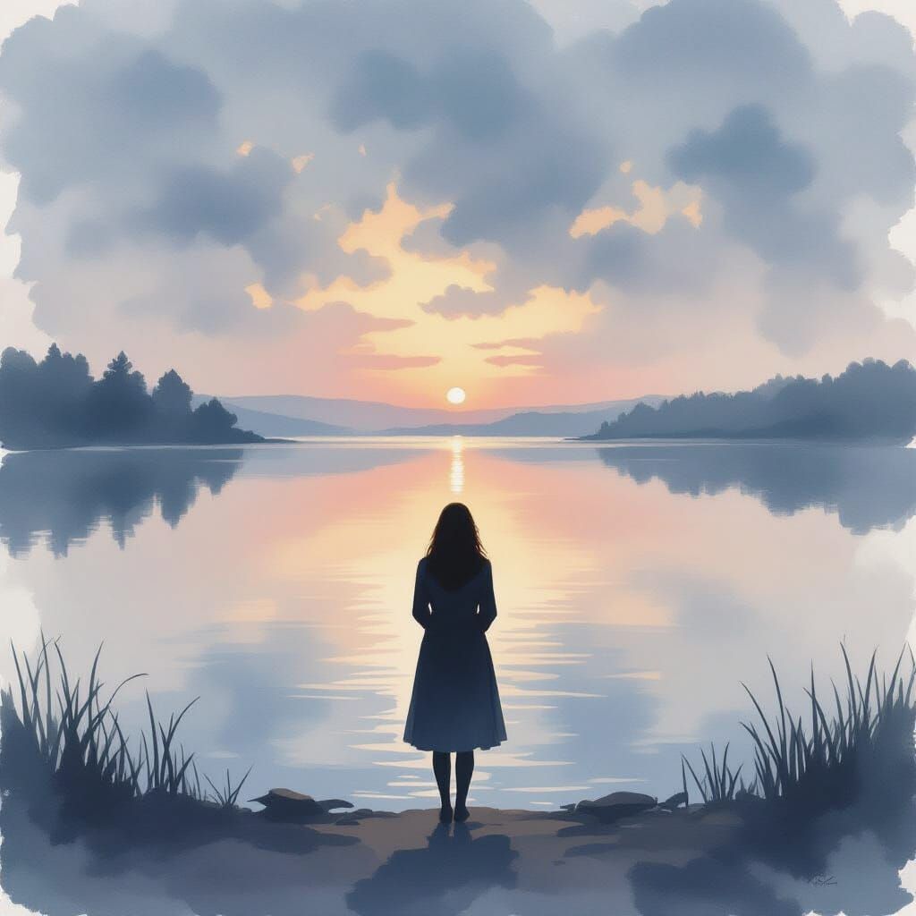 Solitary Woman Gazes at Horizon on Serene Lake Shore