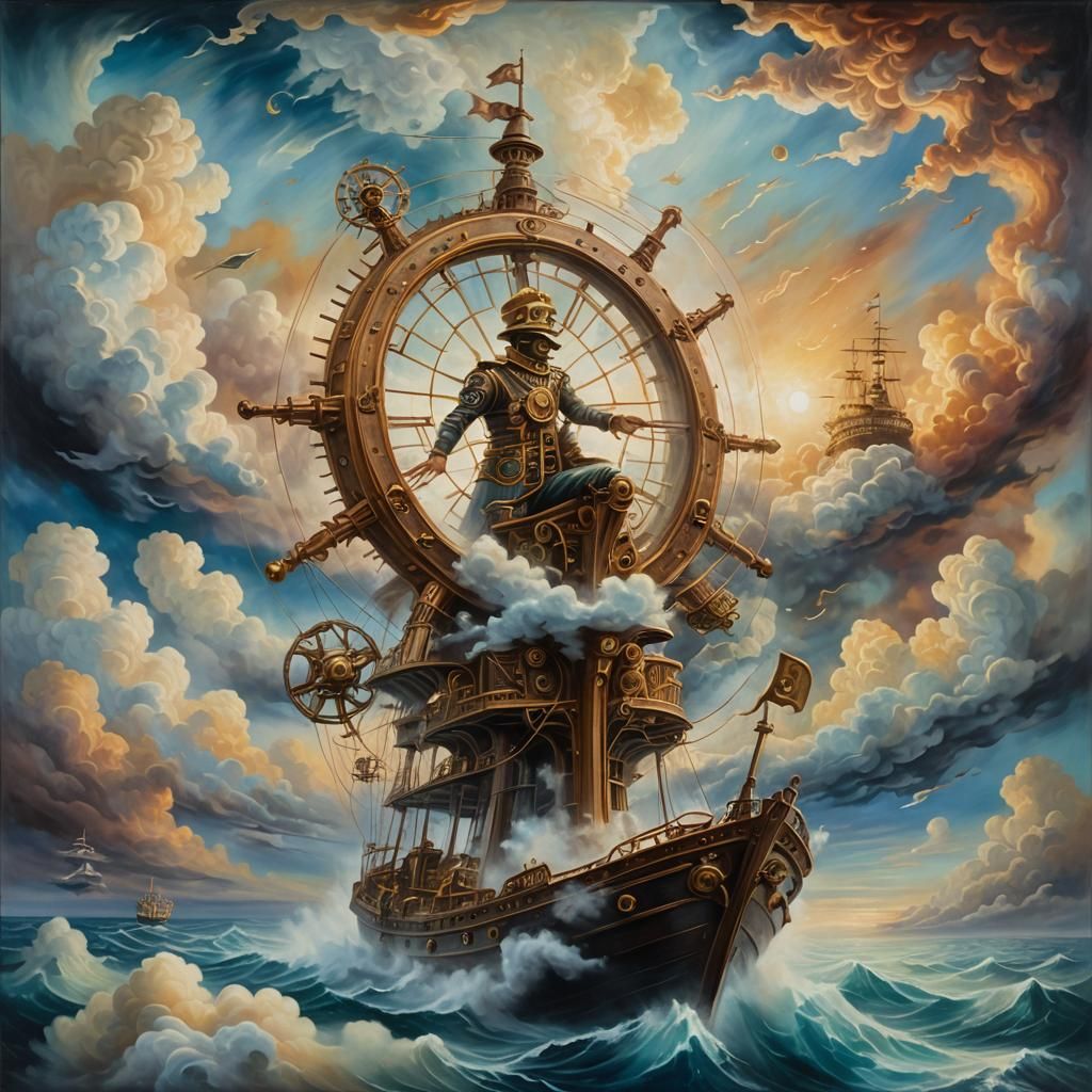 Ghostly Navigator Drifting in Surreal Cloud Sea