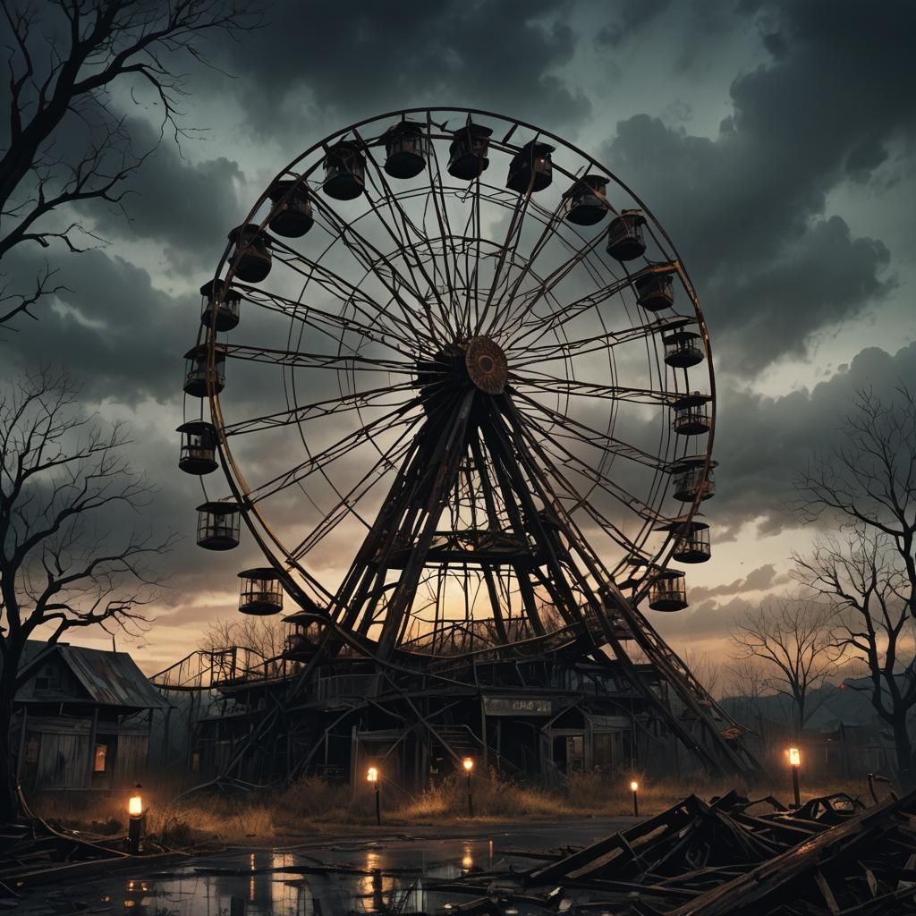 Eerie Abandoned Carnival at Midnight: Dark Fantasy Art