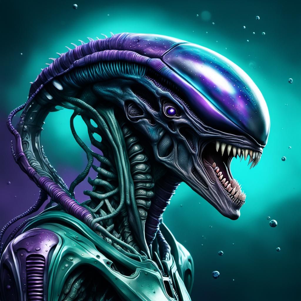 Hyperrealistic Xenomorph Concept Art in Teal and Purple