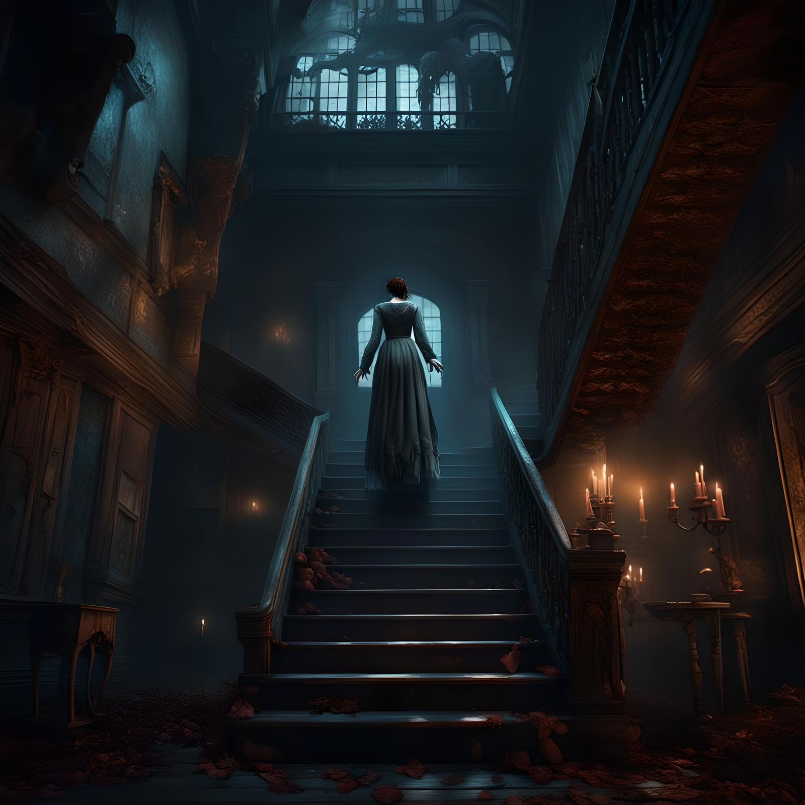 Woman Floating in Haunted House, Fantasy Concept Art