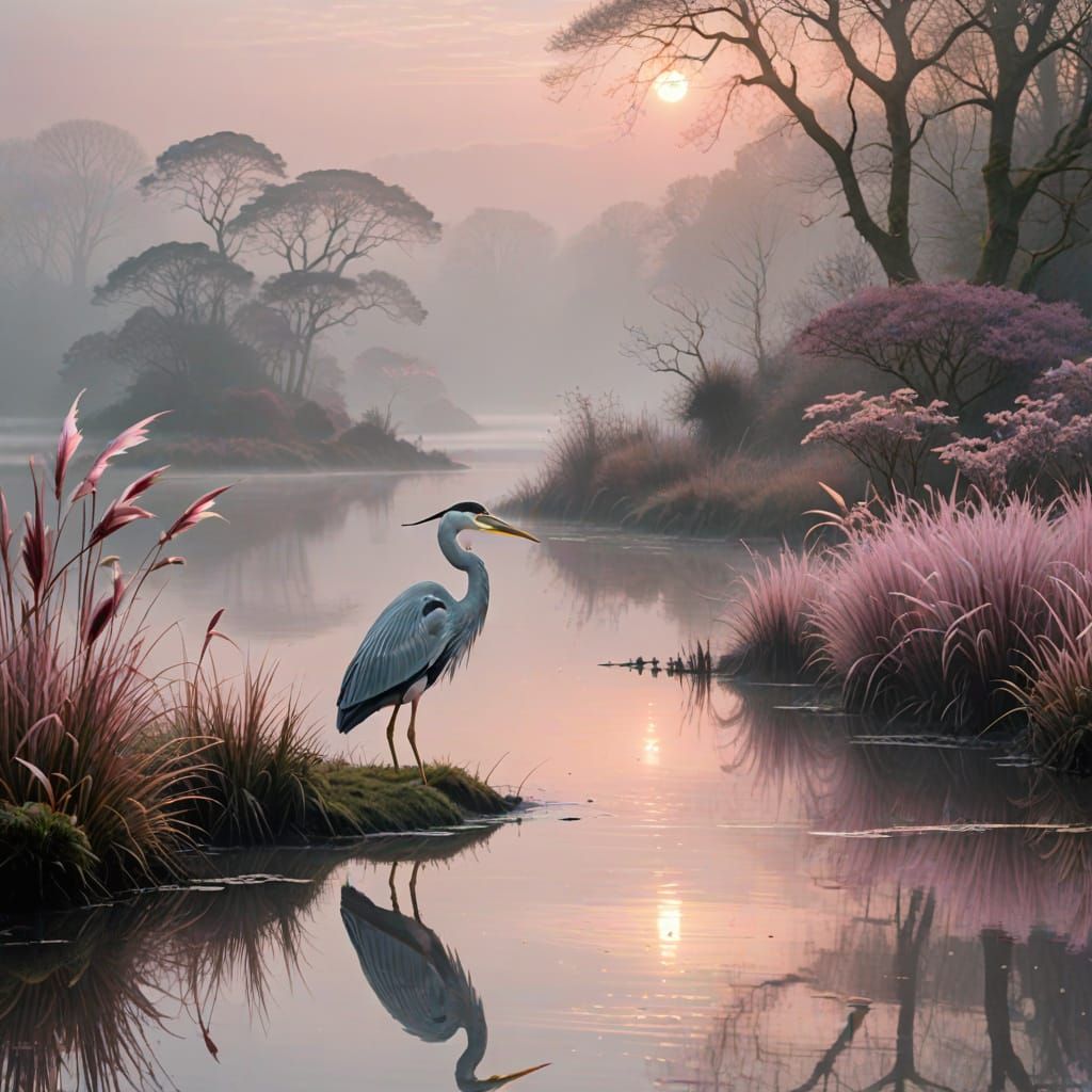 Misty Heron in Silvery Grey and Pink