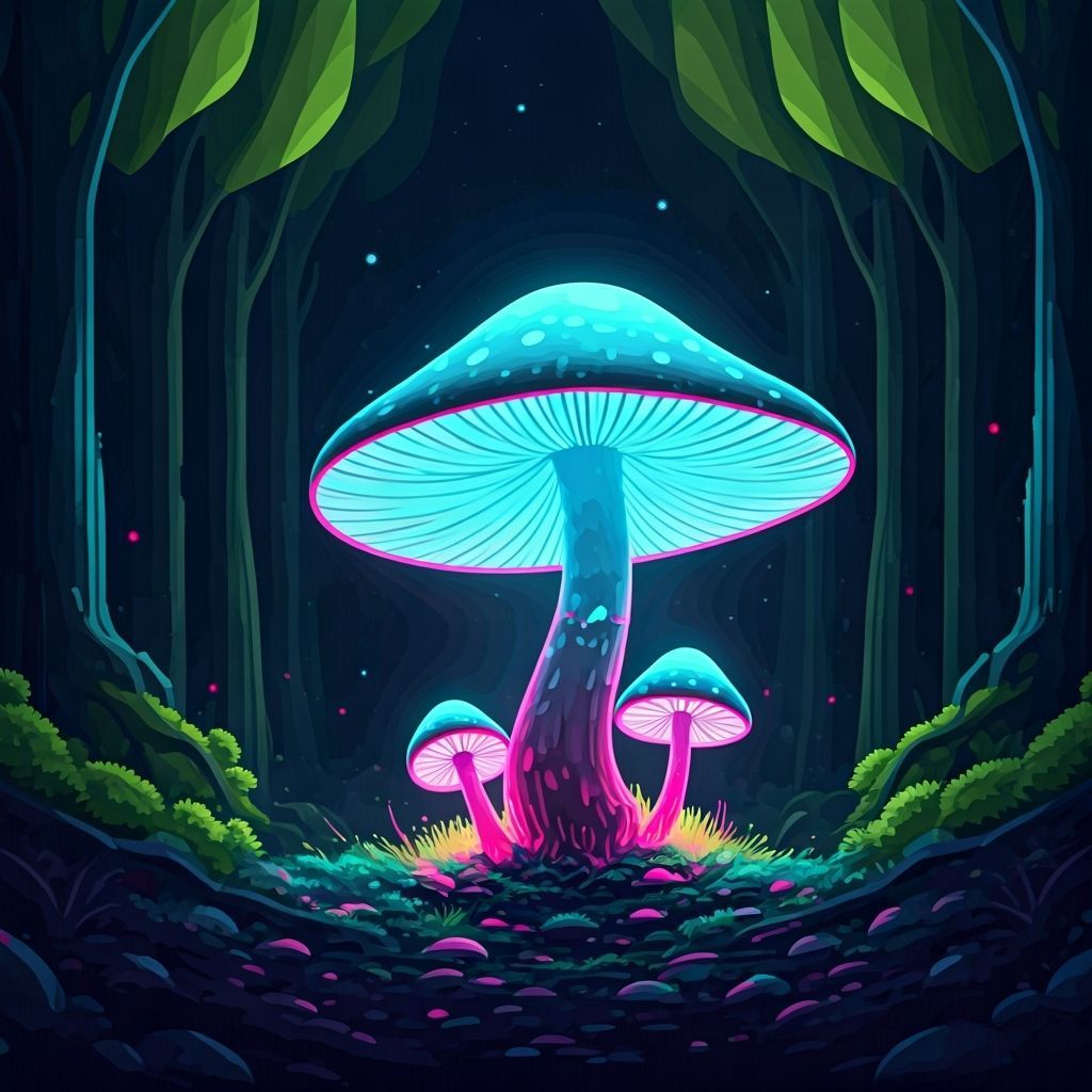 Bioluminescent Mushroom in Neon Forest: 8K Art