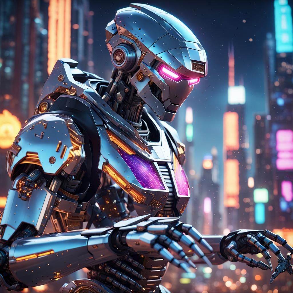 Robot Embroidering in Futuristic City, Hyperdetailed Art