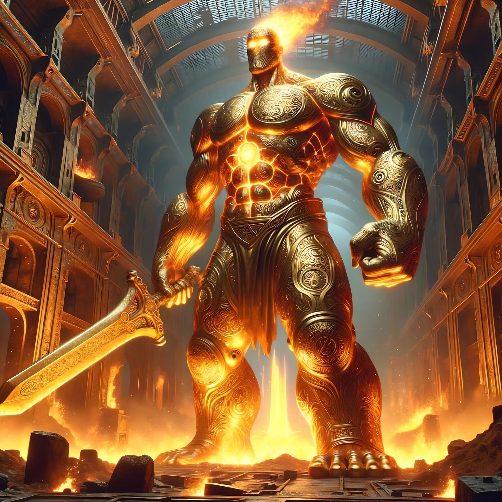 Brass Titan Golem in Ancient Forge Setting