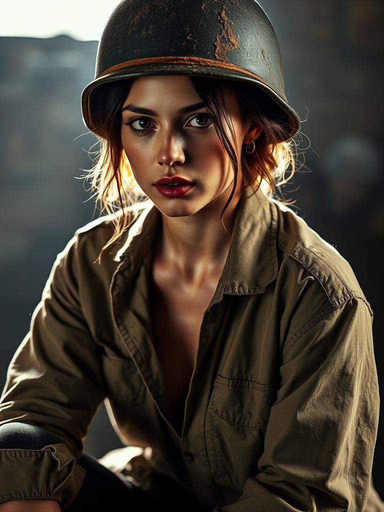 Young Woman in Soldier's Shirt with Split Lighting