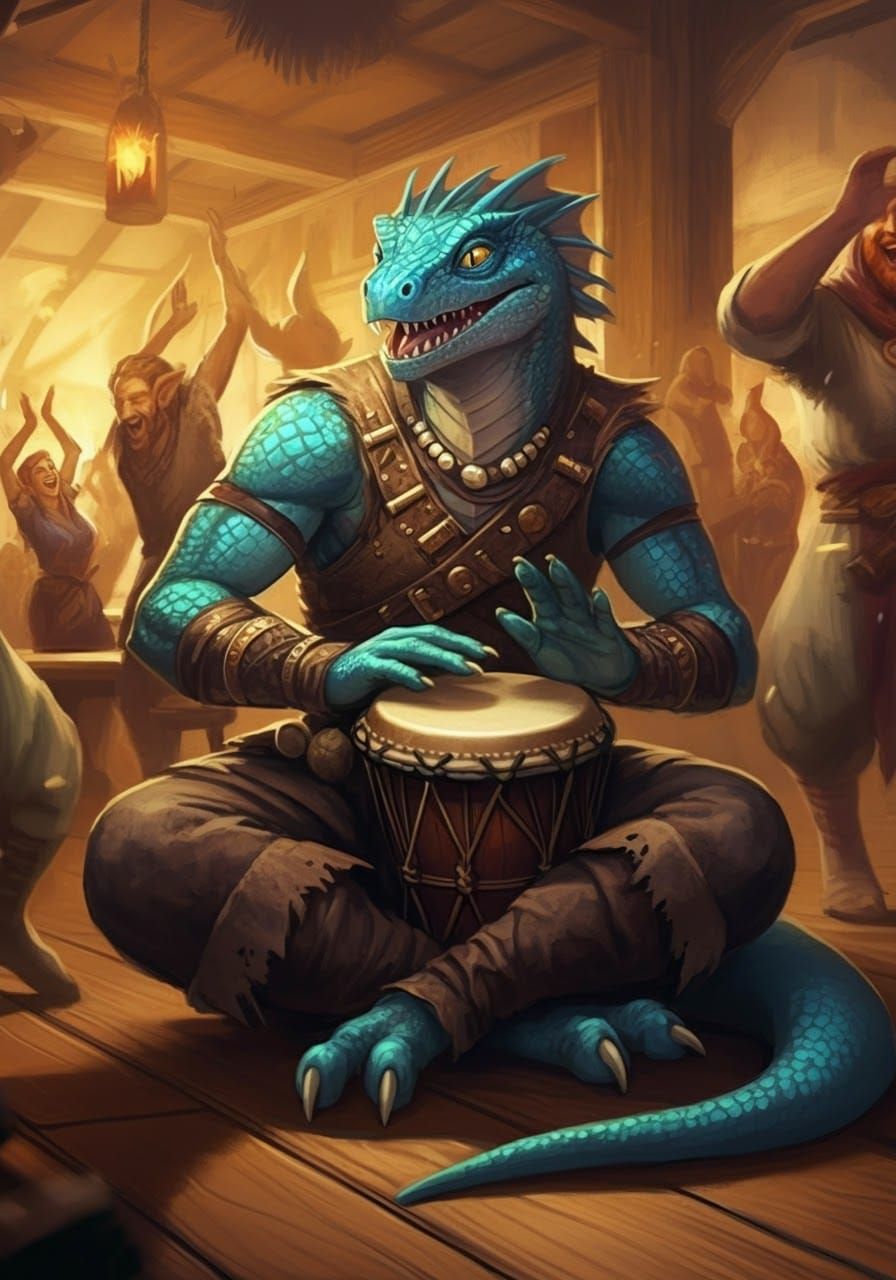 Zzarrishhh "ZarZar the Blue", Lizardfolk bard, just jammin'