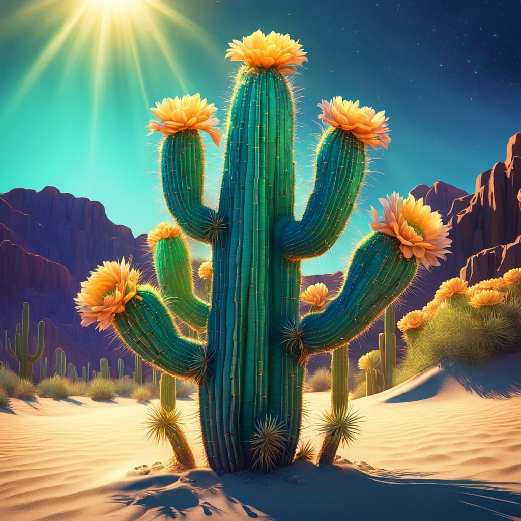 Iridescent Cactus in Surreal Desert Landscape
