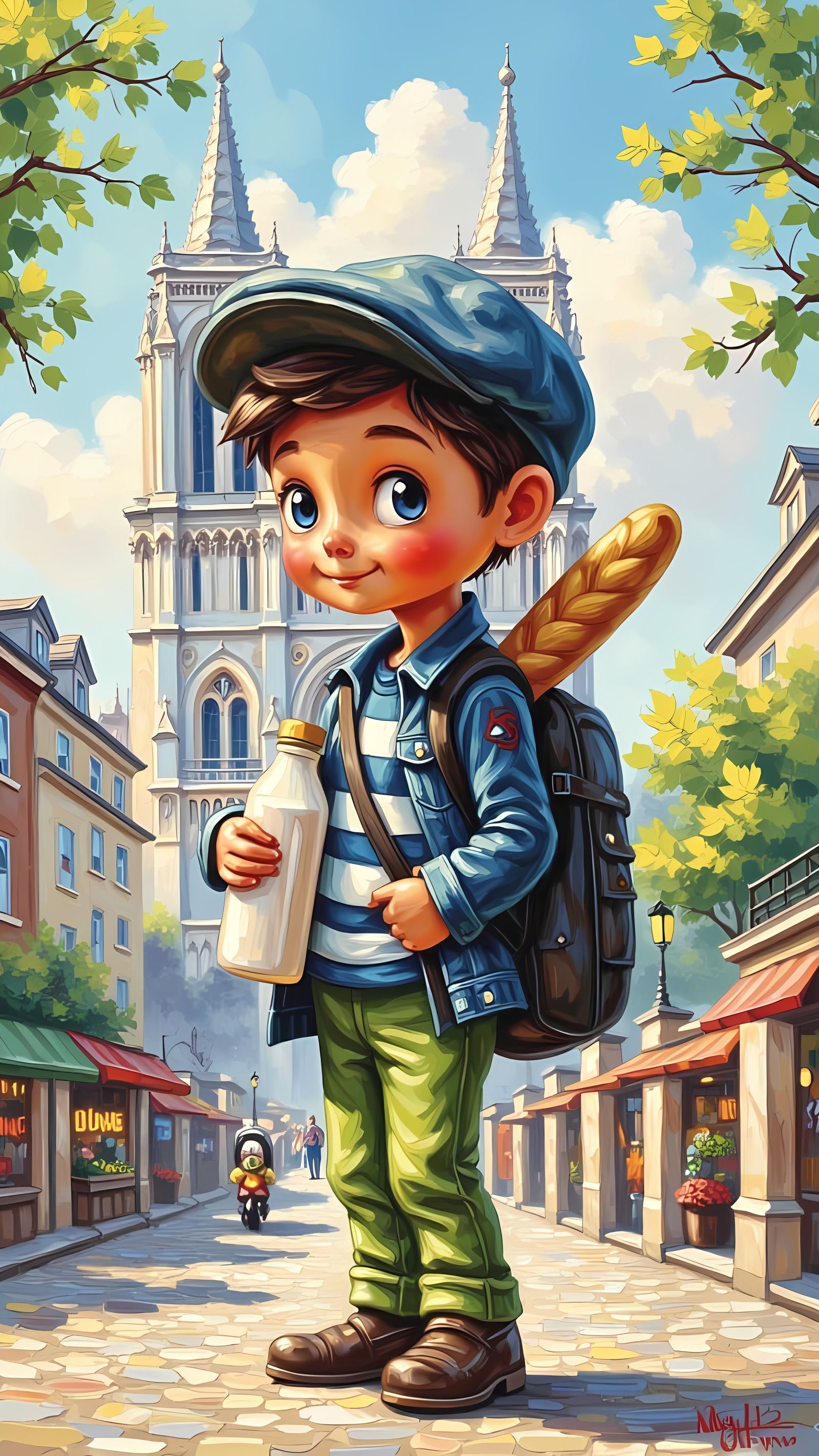 Parisian Boy Near Notre Dame in Impressionistic Style