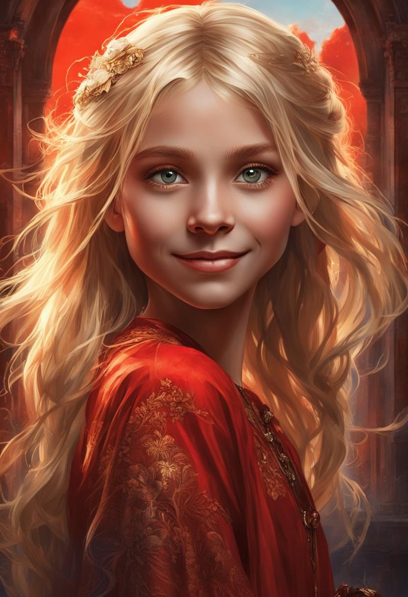 Blonde Girl in Red Dress: Digital Portrait