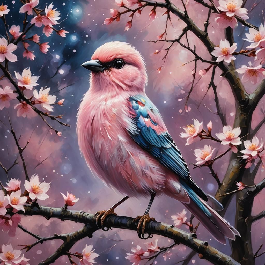 Enchanted Pink Bird on Sakura Tree: Expressionist Oil Painti...