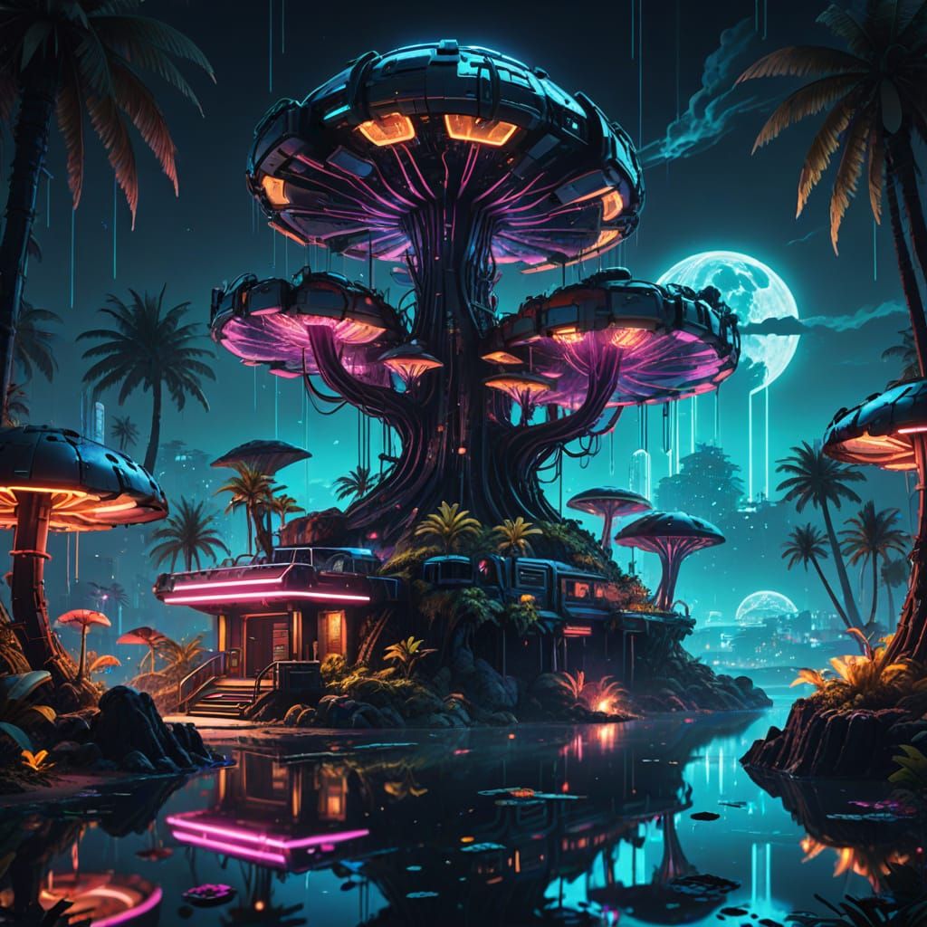 Futuristic Island of Enchanted Dreams in Neon Hues