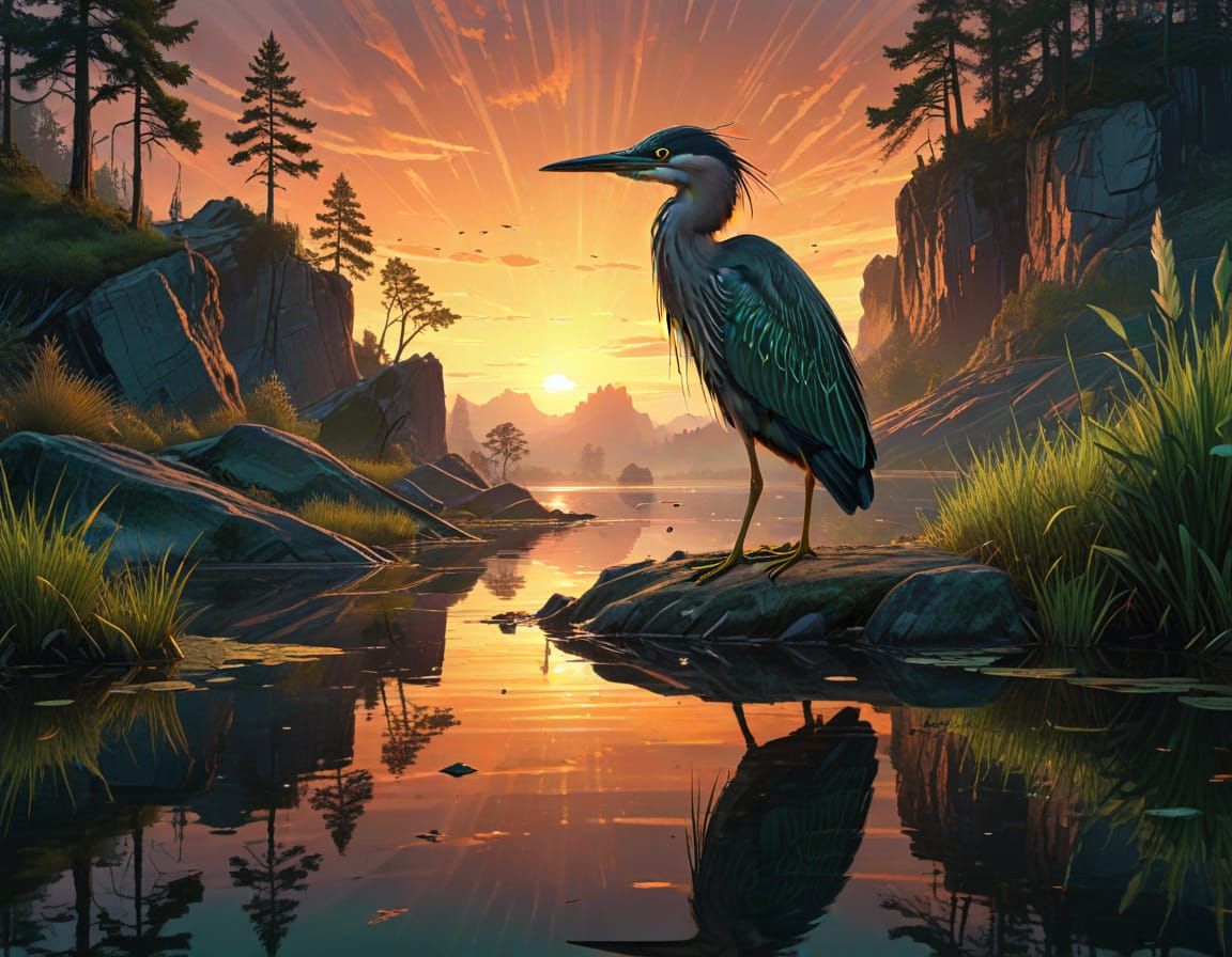 Night Heron Reflective Pond in Fantastical Art Style