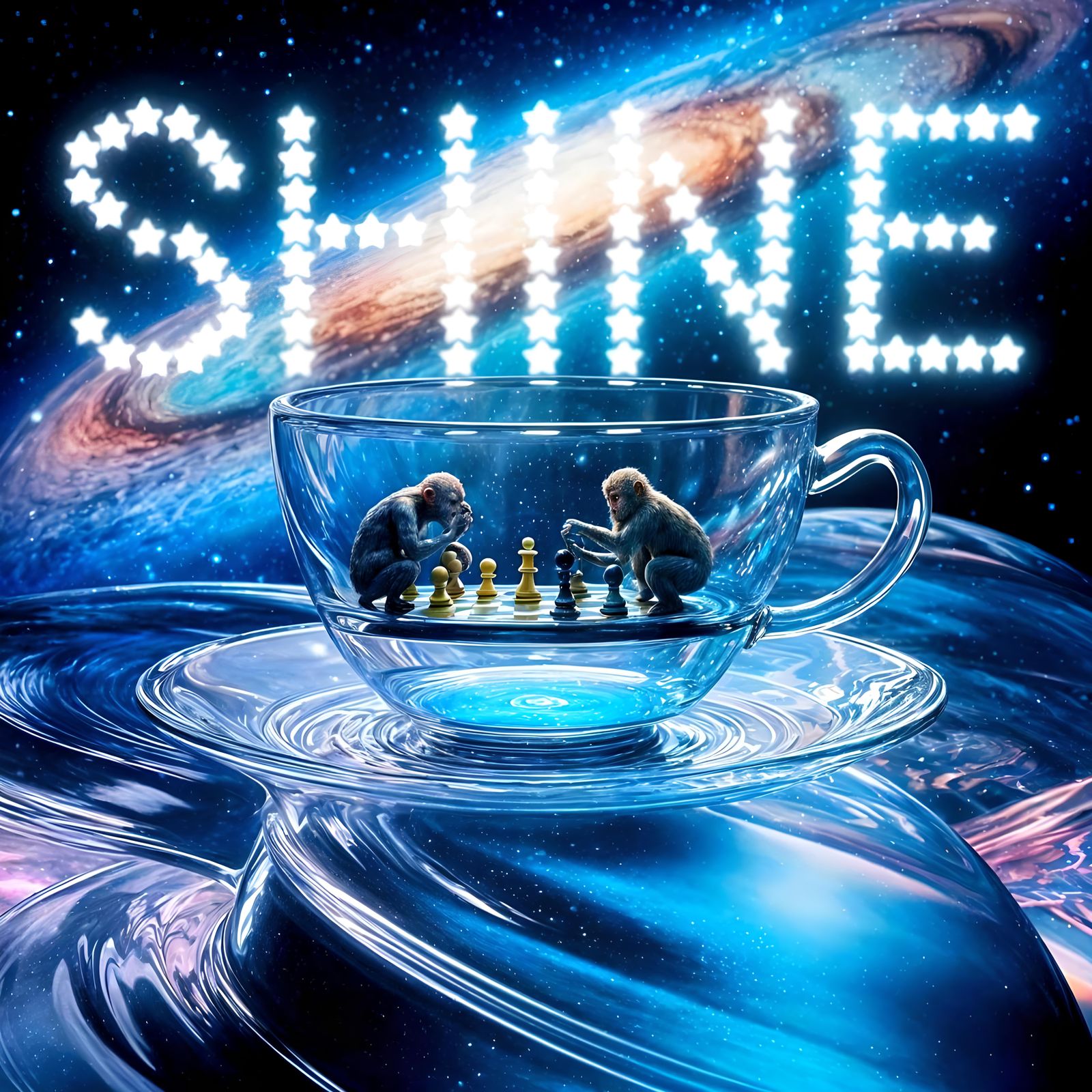 Monkeys Play Chess in Galactic Teacup: 3D Render