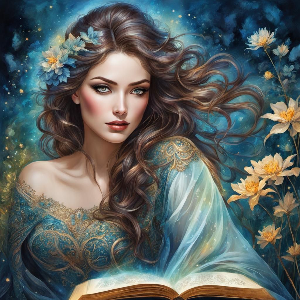 Woman Reading Book with Bioluminescent Flora, Digital Art