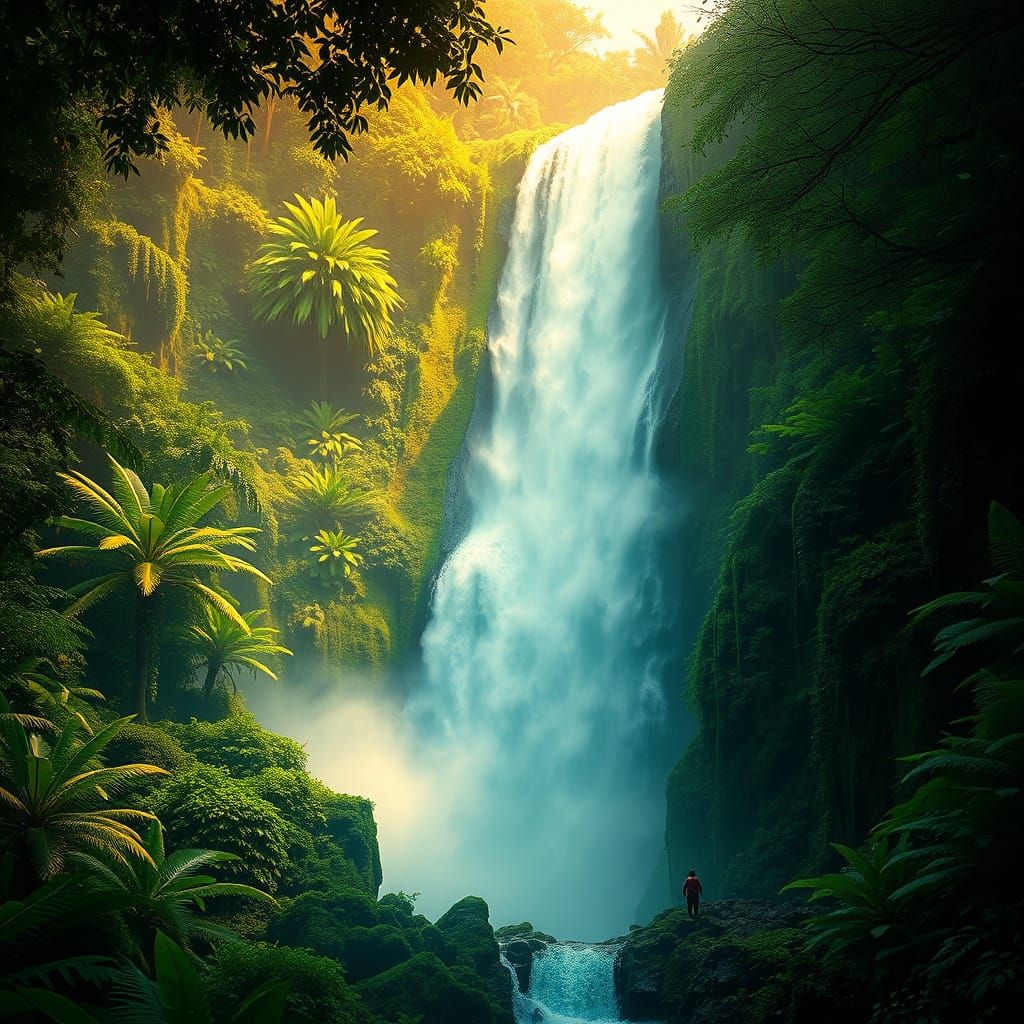 Hyper-Realistic Rainforest Waterfall in a Futuristic Landsca...