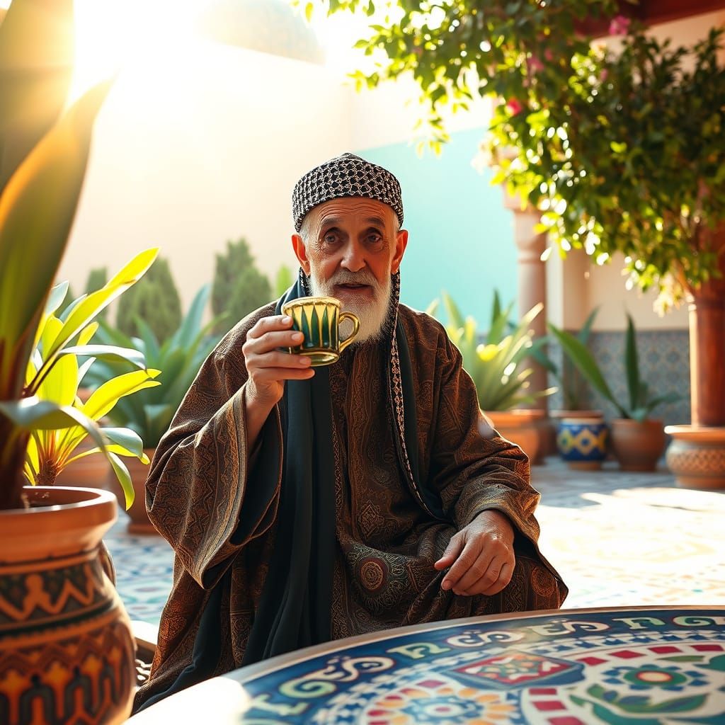 Moroccan Elder Sipping Tea in Art Nouveau Style