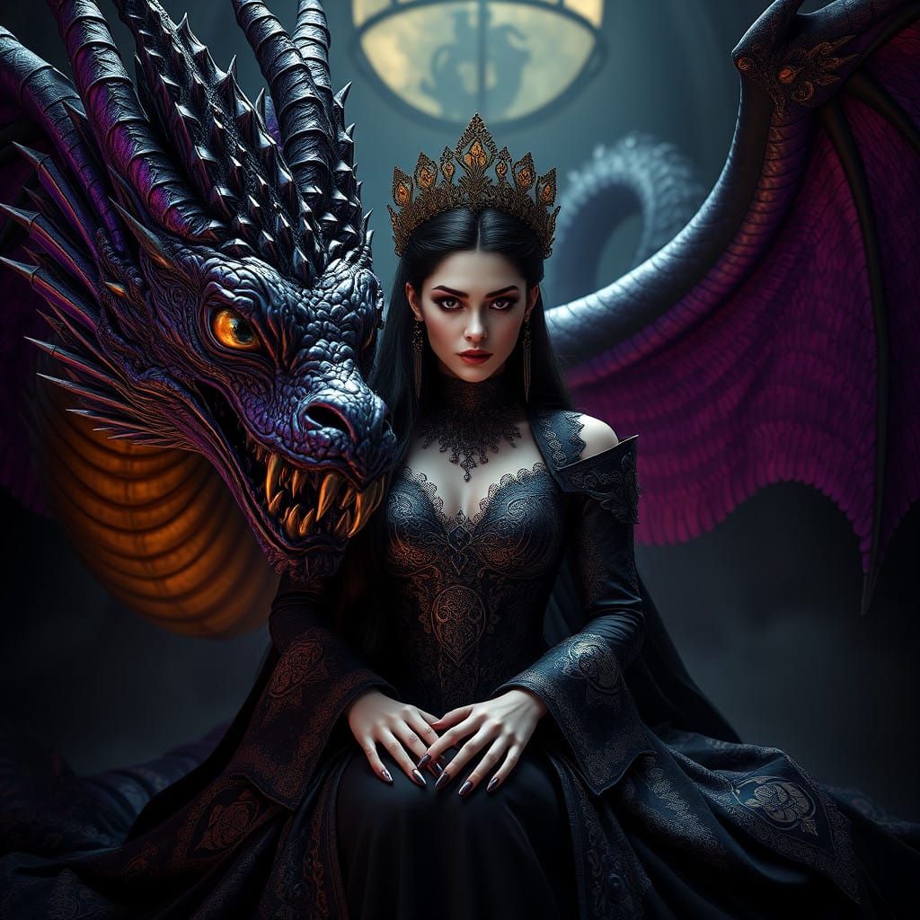 Regal Mistress and Majestic Dragon in Dark Fantasy