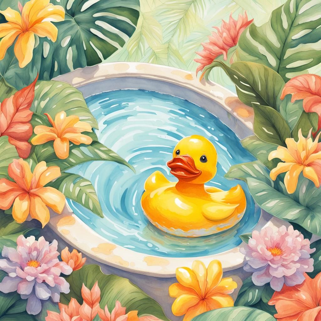 Whimsical Rubber Duck in Watercolor Flower Tub