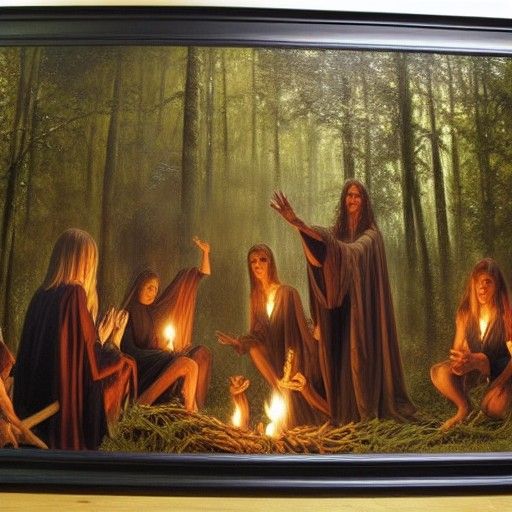 Detailed Satanic Ritual in Dark Forest Oil Painting