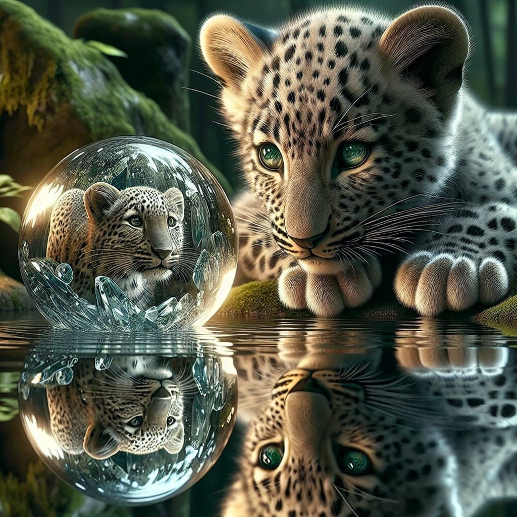 Leopard Cub Contemplates Future in Crystal Sphere