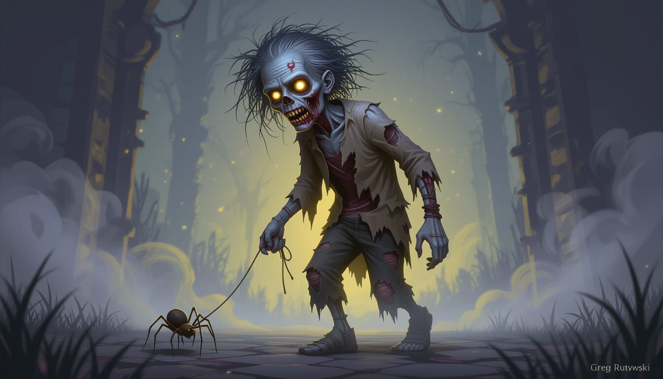 Eerie Zombie with Cobweb Body and Spider Pet