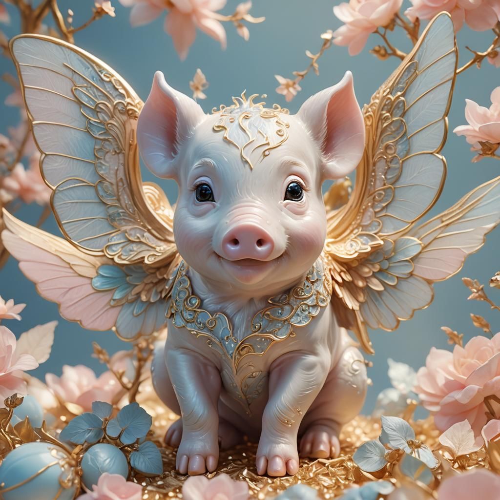 Angelic Porcelain Piglet with Delicate Wings