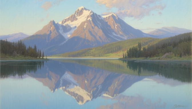 Serene Mountain Lake Reflection Oil Painting