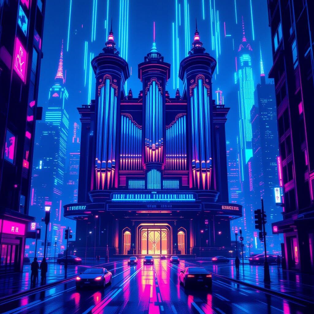 Musical Instrument City in Synthwave Neon Retro Style