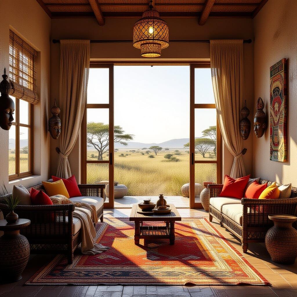 Realistic African Style Bedroom with Savanna View