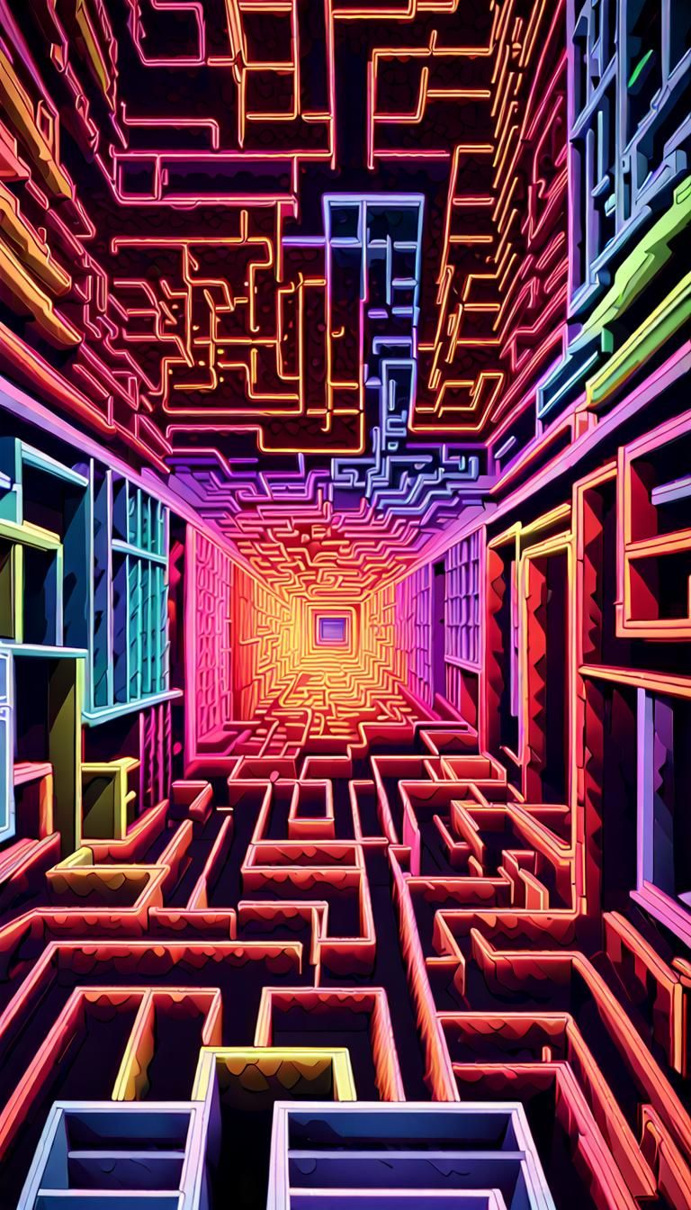 Glowing Neon Fractal Maze in Psychedelic Art Deco