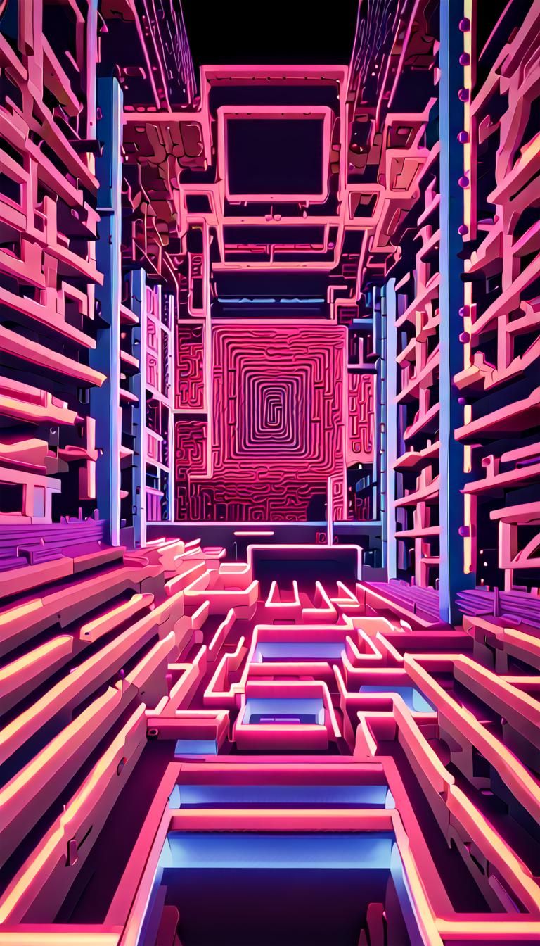 Glowing Neon Fractal Maze in Psychedelic Art Style