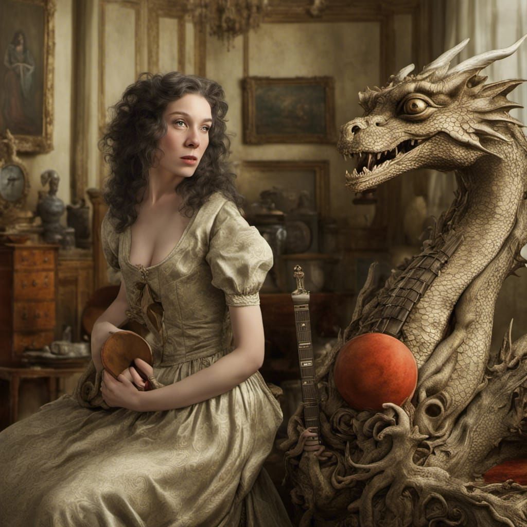 Missy and Dragons in Ornate House, Photorealistic