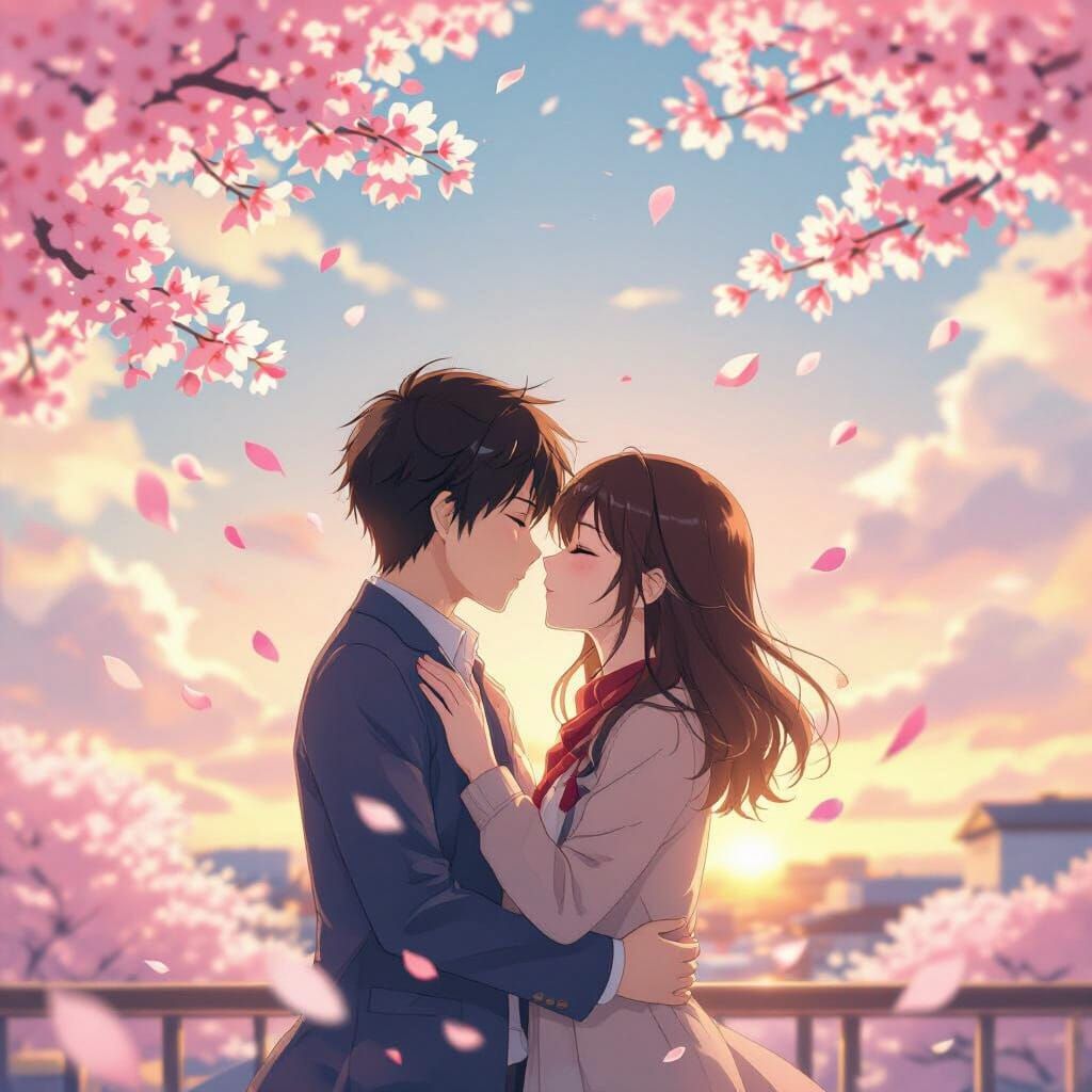 Anime Couple's Tender Kiss Amidst Cherry Blossoms