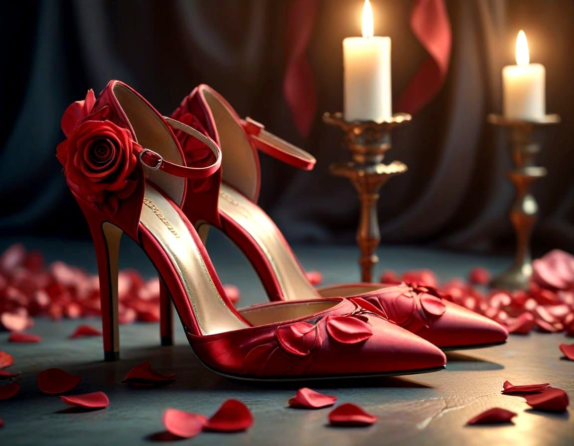 Elegant Red Satin Stilettos with Falling Rose Petals